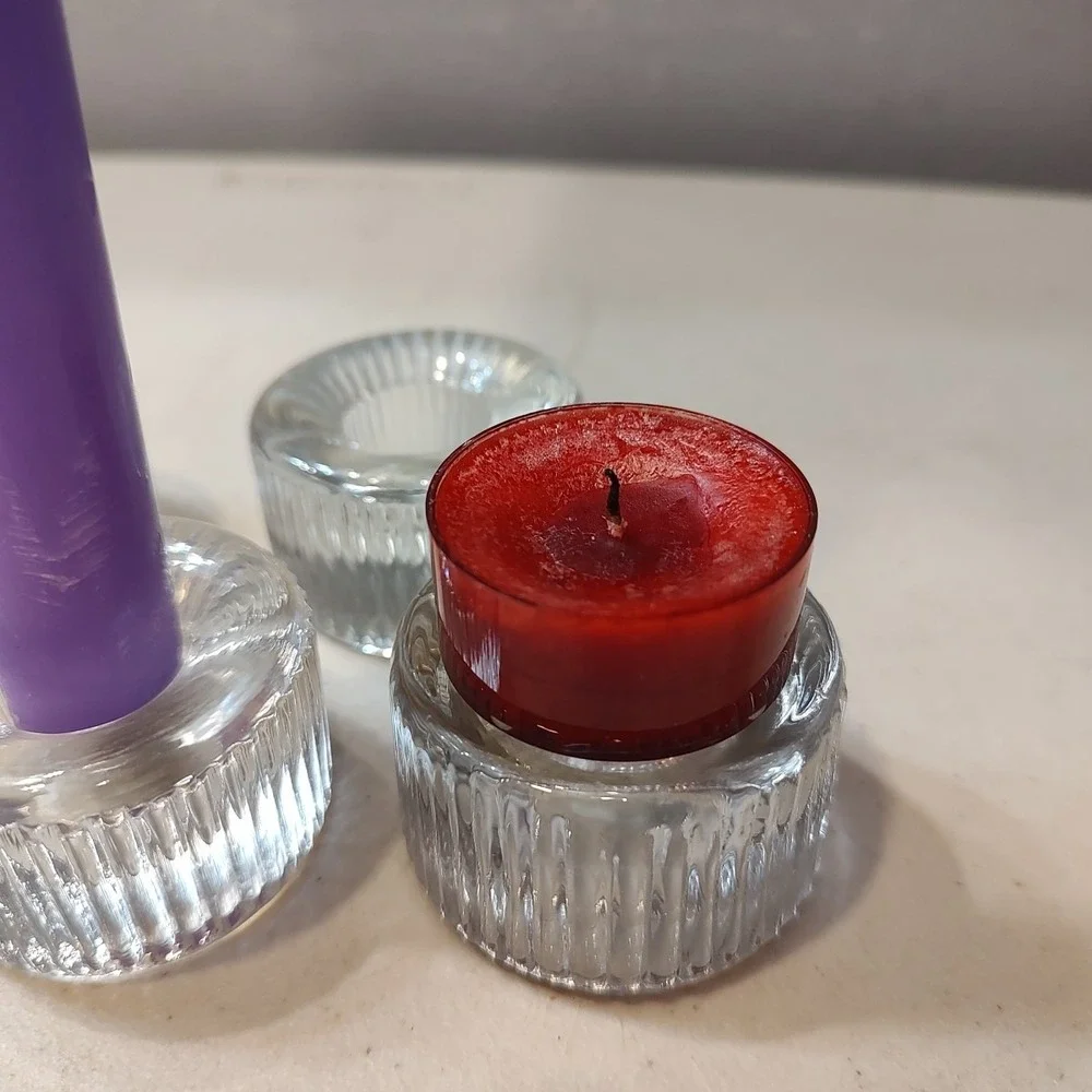 Reversible Pillar Taper Candle‎ Holder Set 4 Ribbed Clear Glass Elegant Holiday